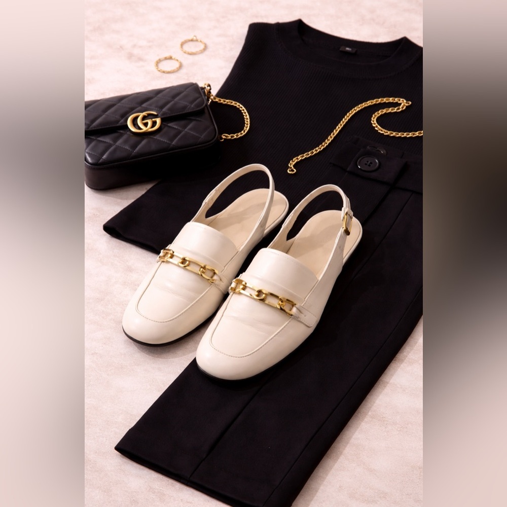 Burberry White with Gold Chain Loafers 
Size 38